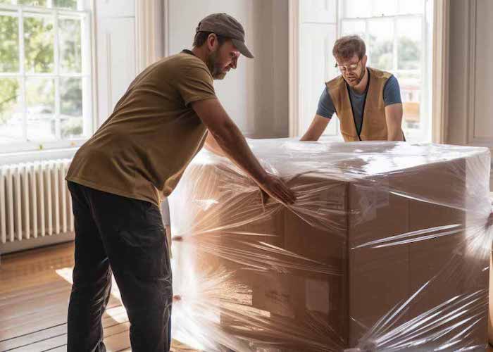 Two men packing a big and bulky item for return to store
