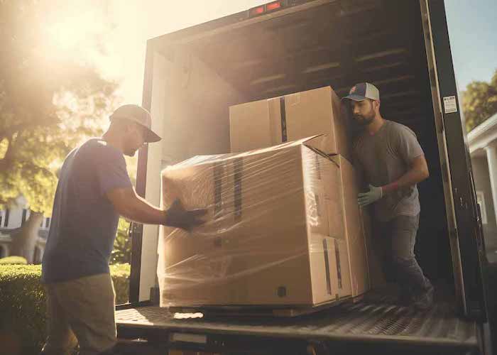 Two men loading a packed return into a box truck